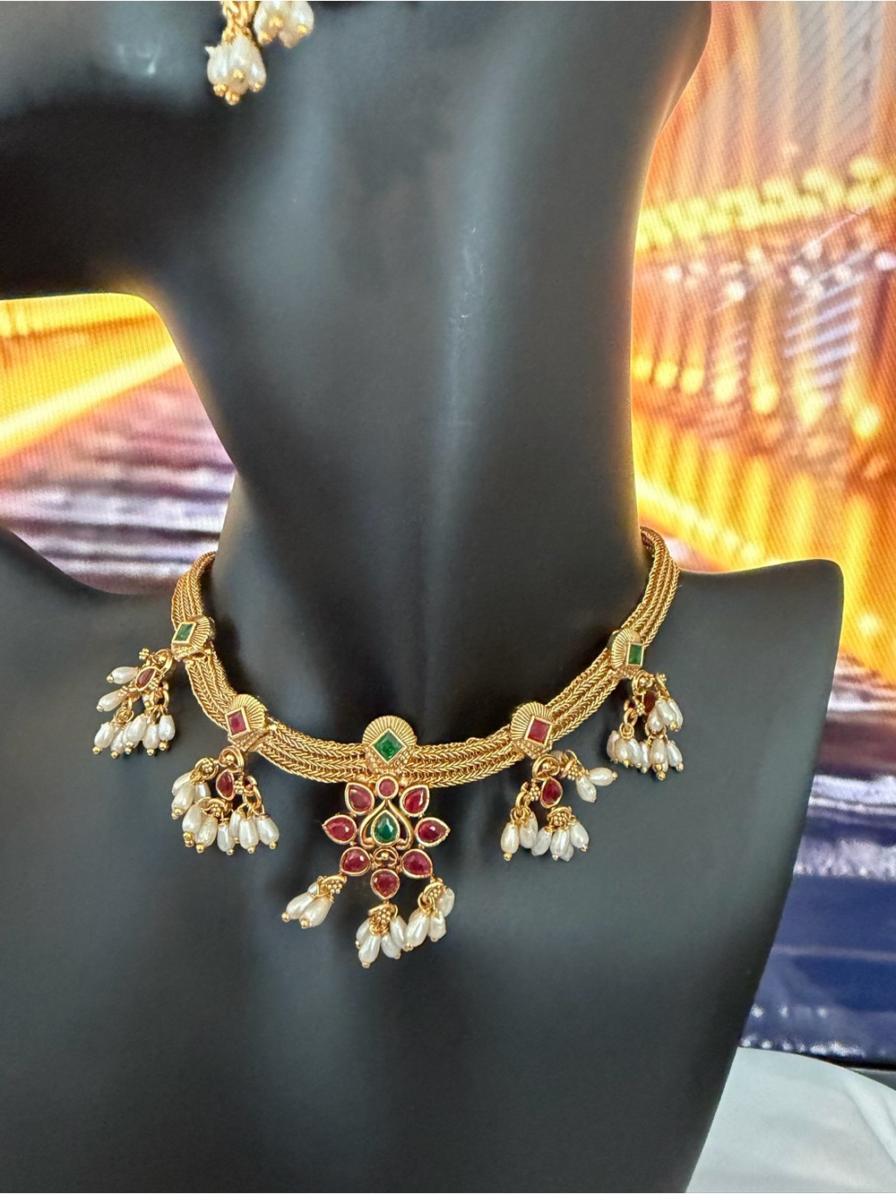 Indian Traditional Gold-Tone Red & Green Floral Pearl Drop Choker Necklace
